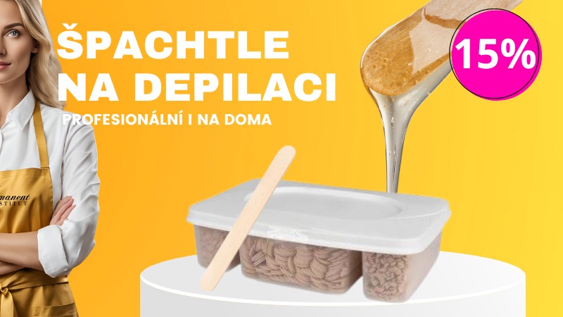Žena v zástěře vedle balení špachtlí na depilaci a kapky vosku, text Špachtle na depilaci, profesionální i na doma na žlutém pozadí 